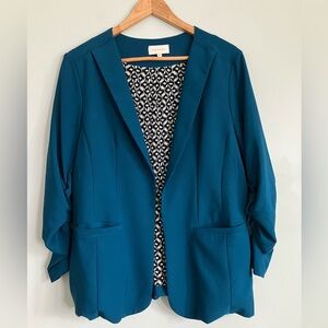 SKIES ARE BLUE Teal Open Front 3/4 Ruched Sleeve Blazer Size XL